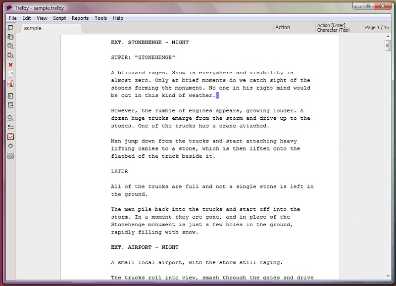 a sample project from trelby, a free screenwriting software